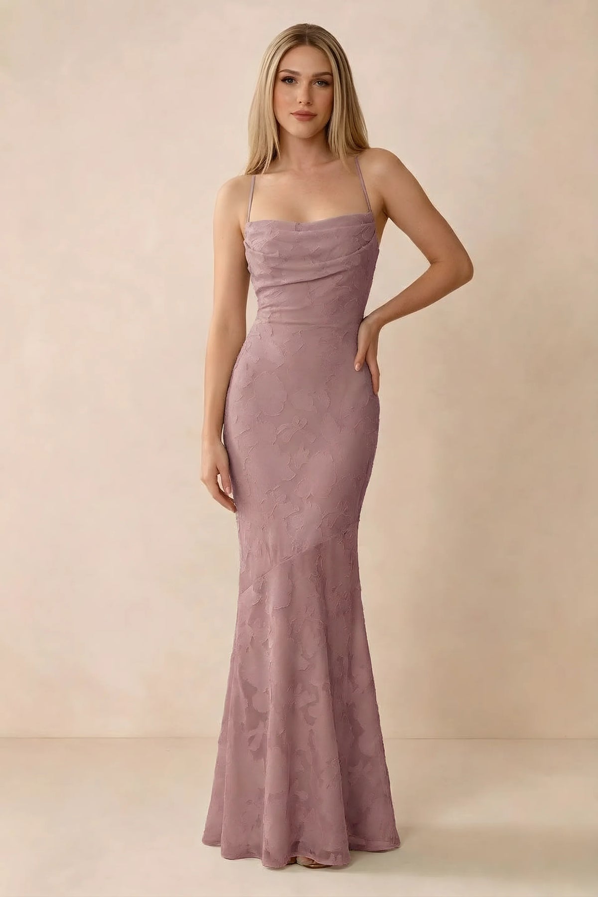 Front studio view of Bess dusty pink floral burnout maxi dress with a draped cowl neckline and thin straps