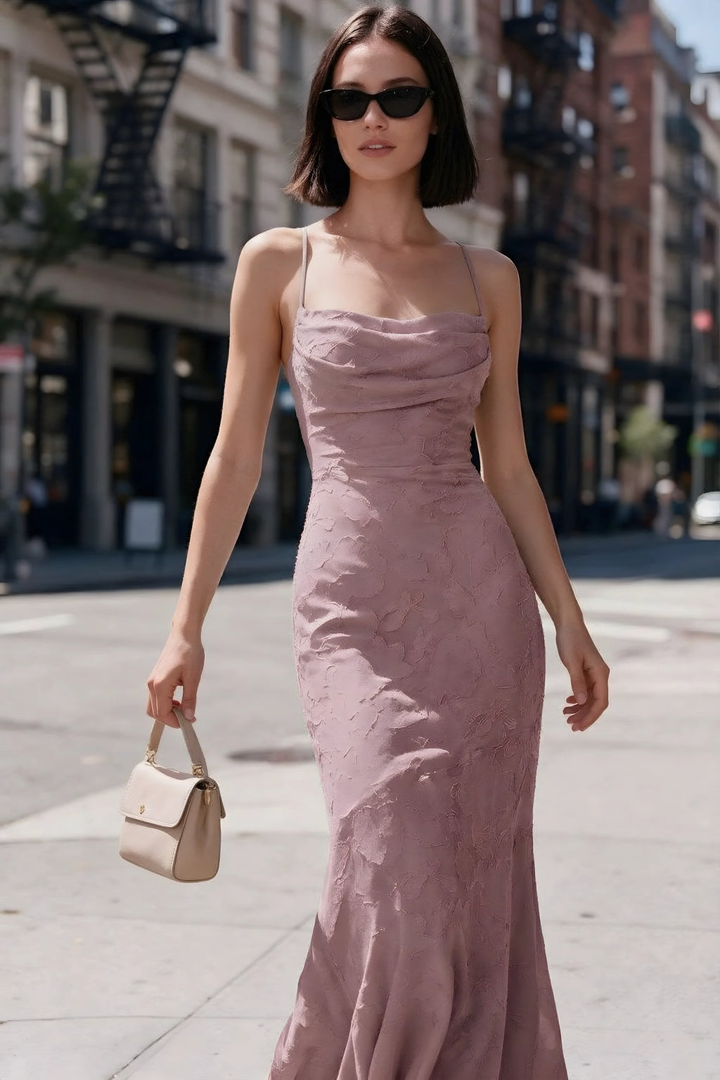 Outdoor front view of Bess dusty pink floral burnout dress styled with sunglasses on a city street