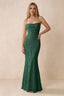 Front studio view of Bess emerald green floral burnout maxi dress with a draped cowl neckline and thin straps