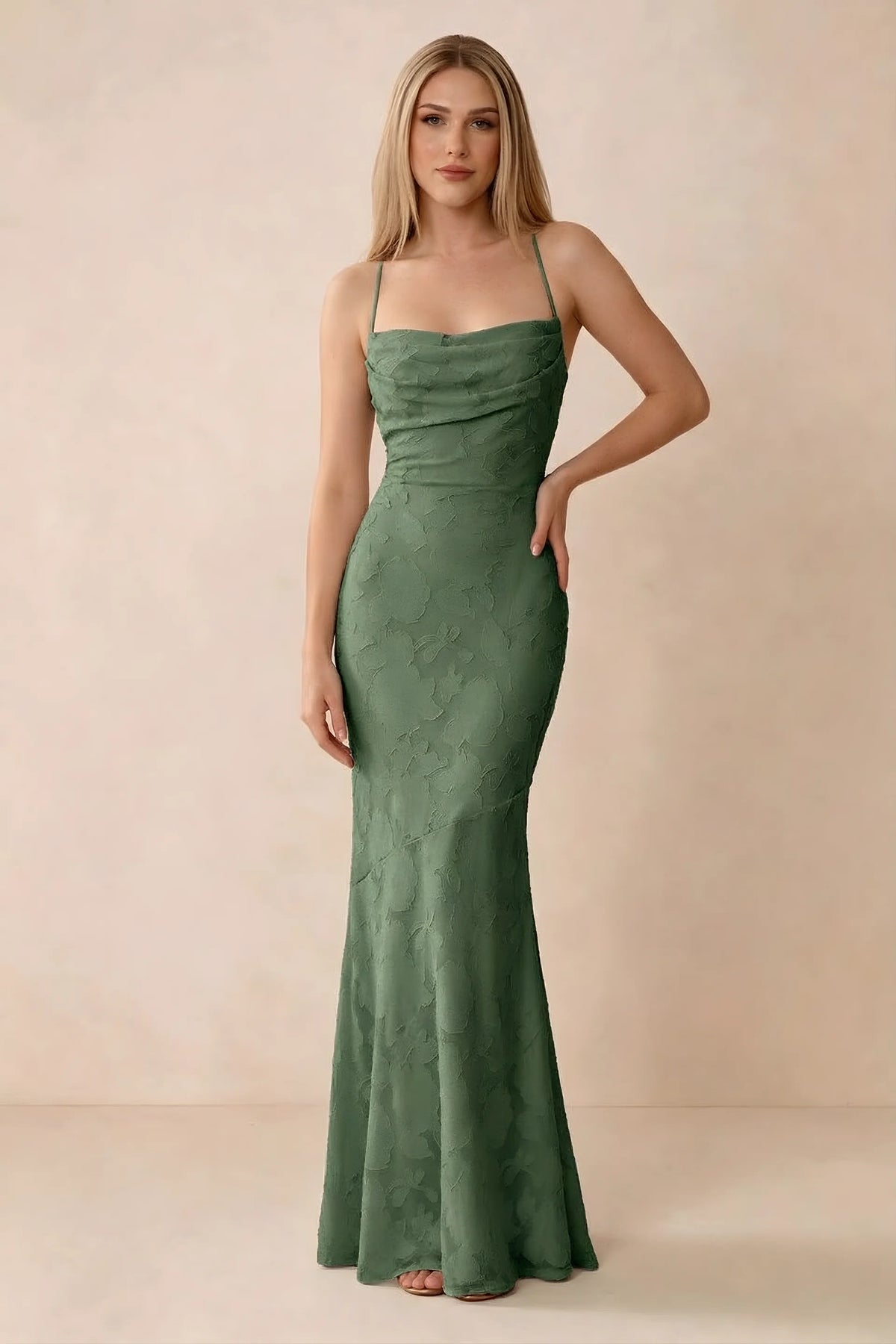 Front studio view of Bess eucalyptus floral burnout maxi dress with a draped cowl neckline and thin straps