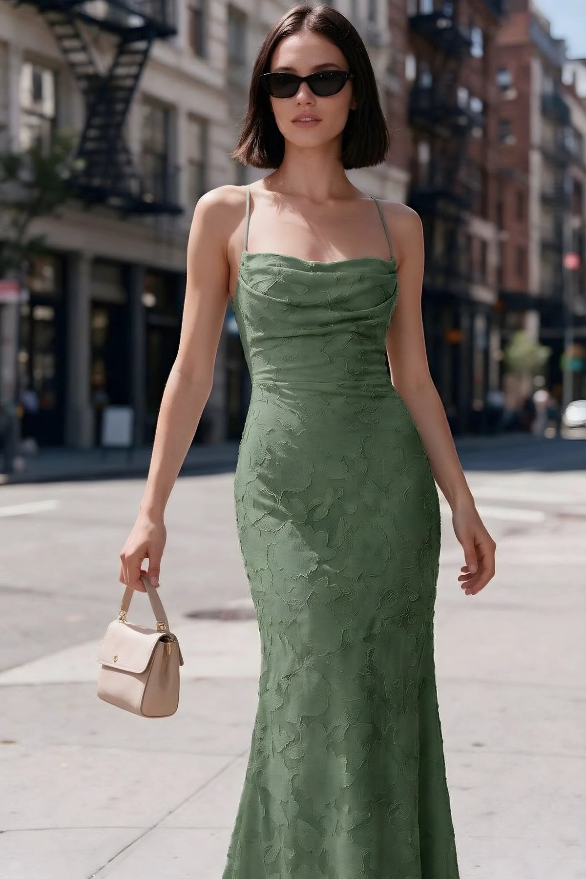 Outdoor front view of Bess eucalyptus floral burnout dress styled with sunglasses on a city street