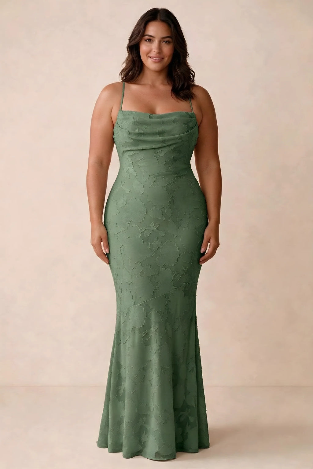Front studio view of Bess eucalyptus maxi dress showing tonal floral texture and a long skirt
