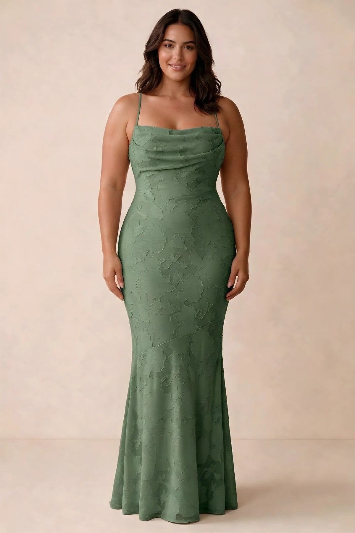 Front studio view of Bess eucalyptus maxi dress showing tonal floral texture and a long skirt