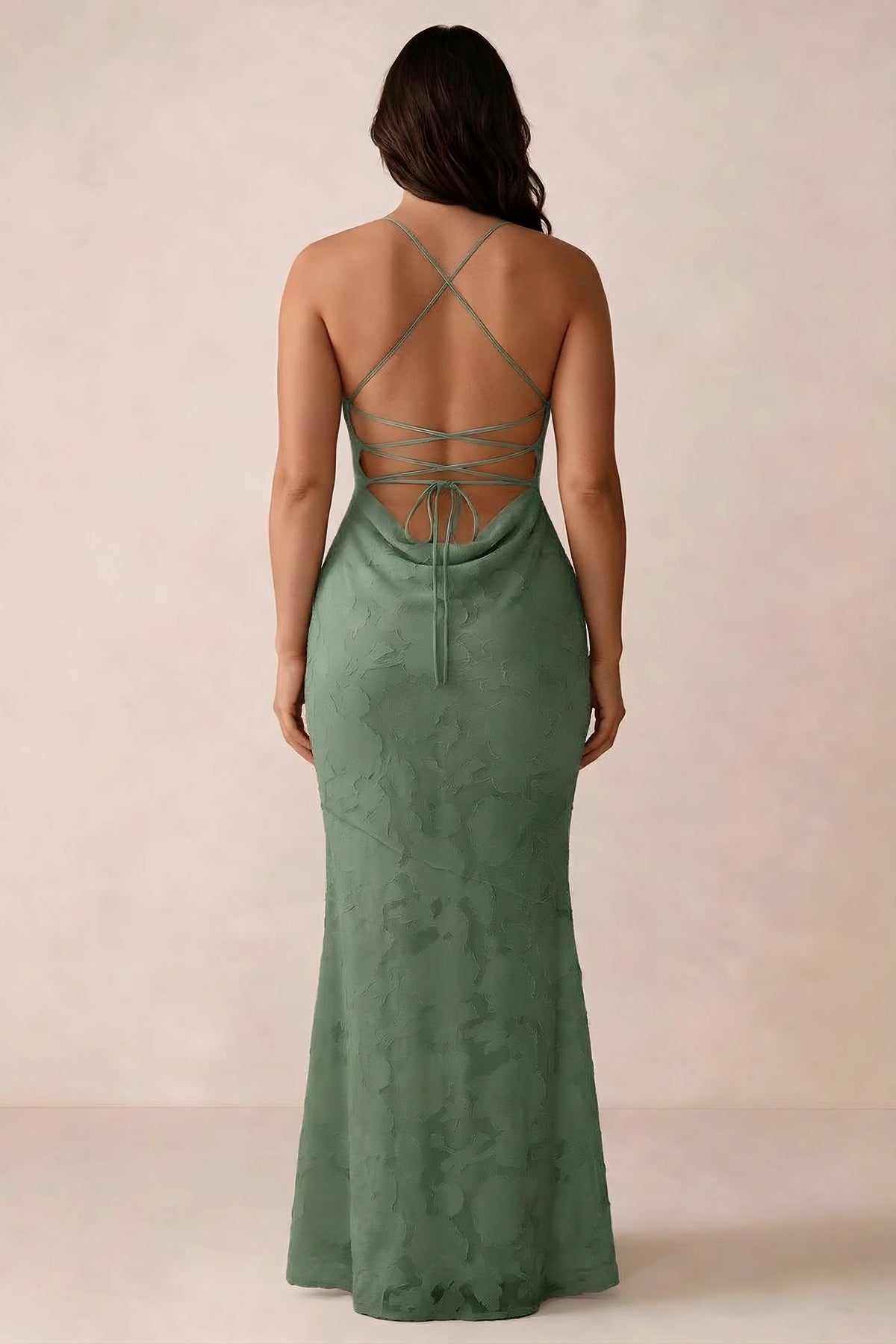 Back studio view of Bess eucalyptus dress showing the crossed straps and full-length silhouette