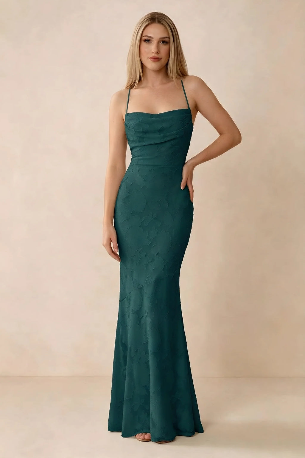 Front studio view of Bess forest green floral burnout maxi dress with a draped cowl neckline and thin straps