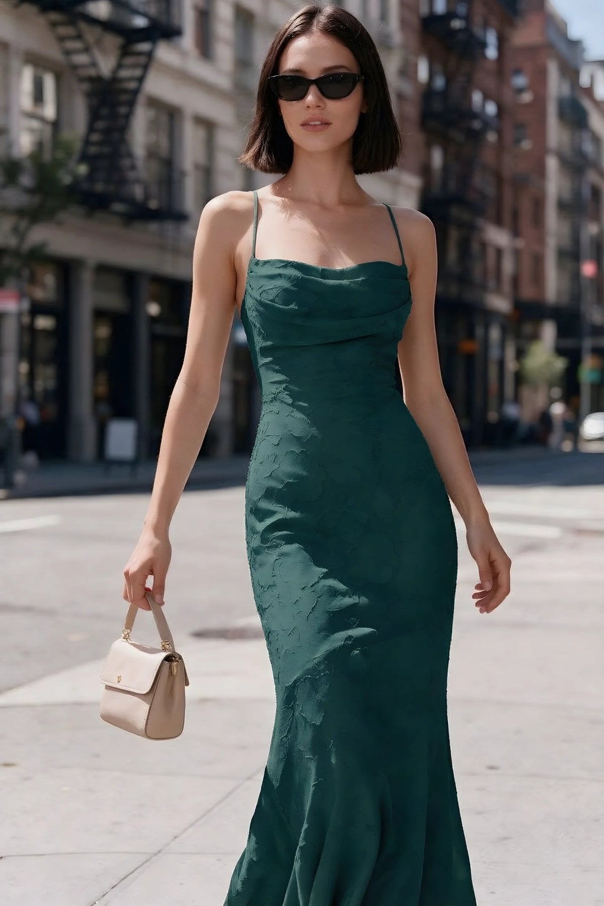 Outdoor front view of Bess forest green floral burnout dress styled with sunglasses on a city street