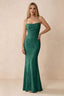 Front studio view of Bess hunter green floral burnout maxi dress with a draped cowl neckline and thin straps