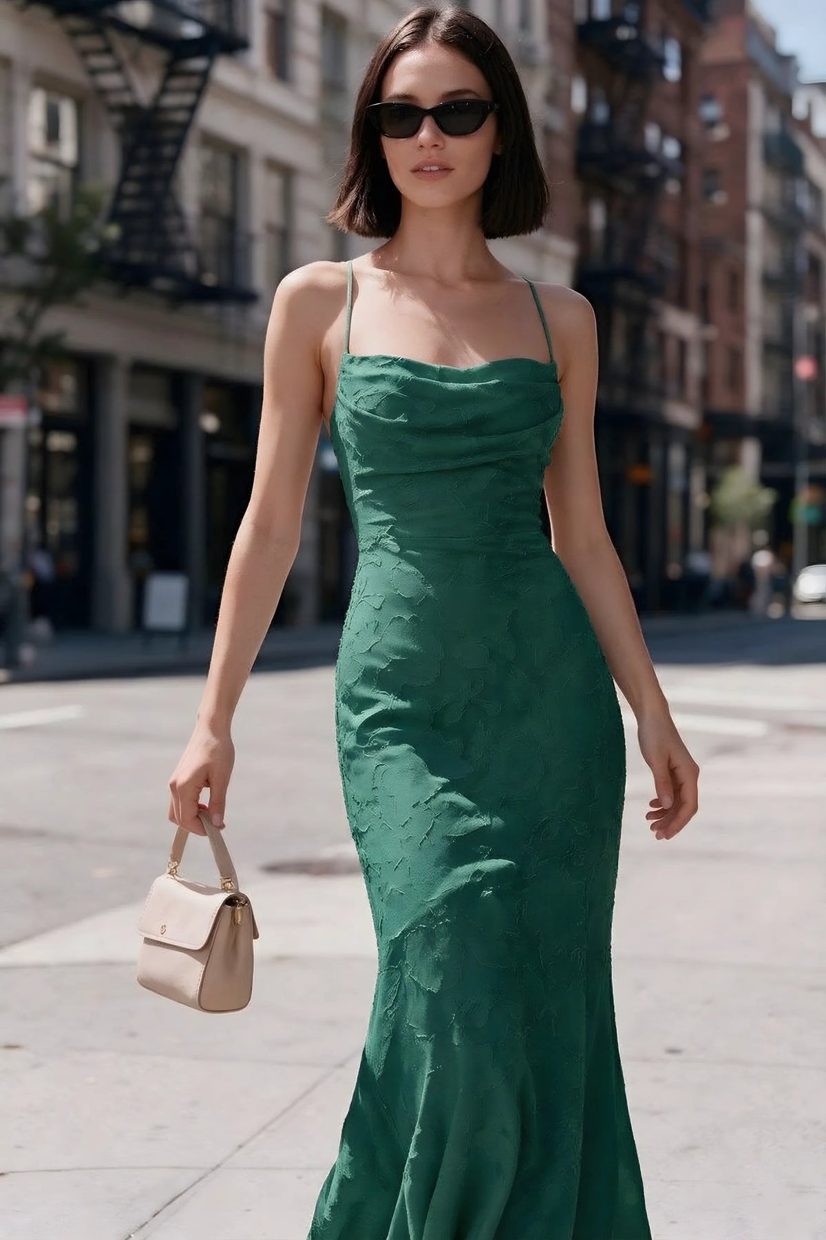 Outdoor front view of Bess hunter green floral burnout dress styled with sunglasses on a city street