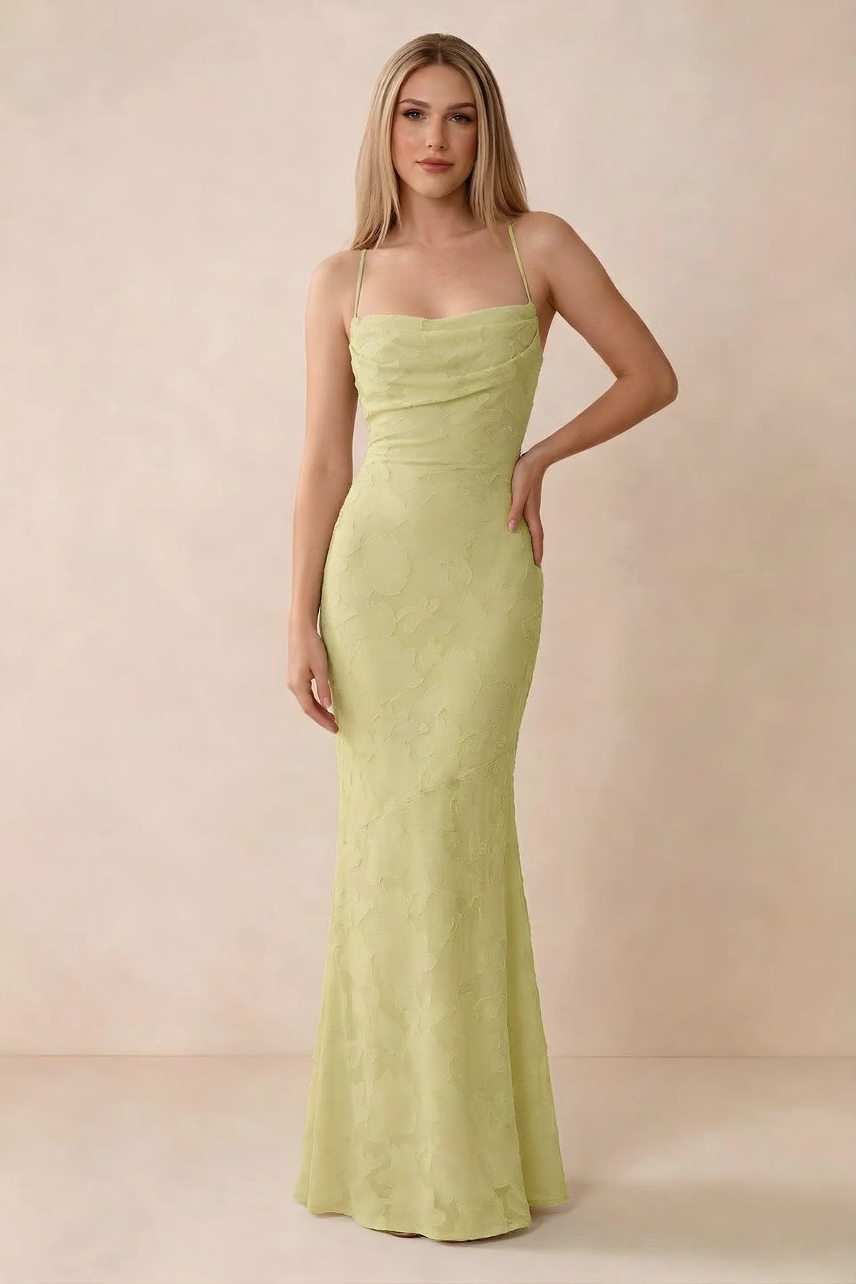 Front studio view of Bess lemon floral burnout maxi dress with a draped cowl neckline and thin straps