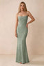 Front studio view of Bess light green floral burnout maxi dress with a draped cowl neckline and thin straps
