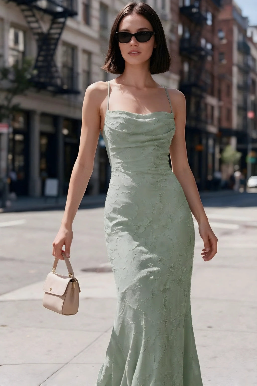 Outdoor front view of Bess light green floral burnout dress styled with sunglasses on a city street