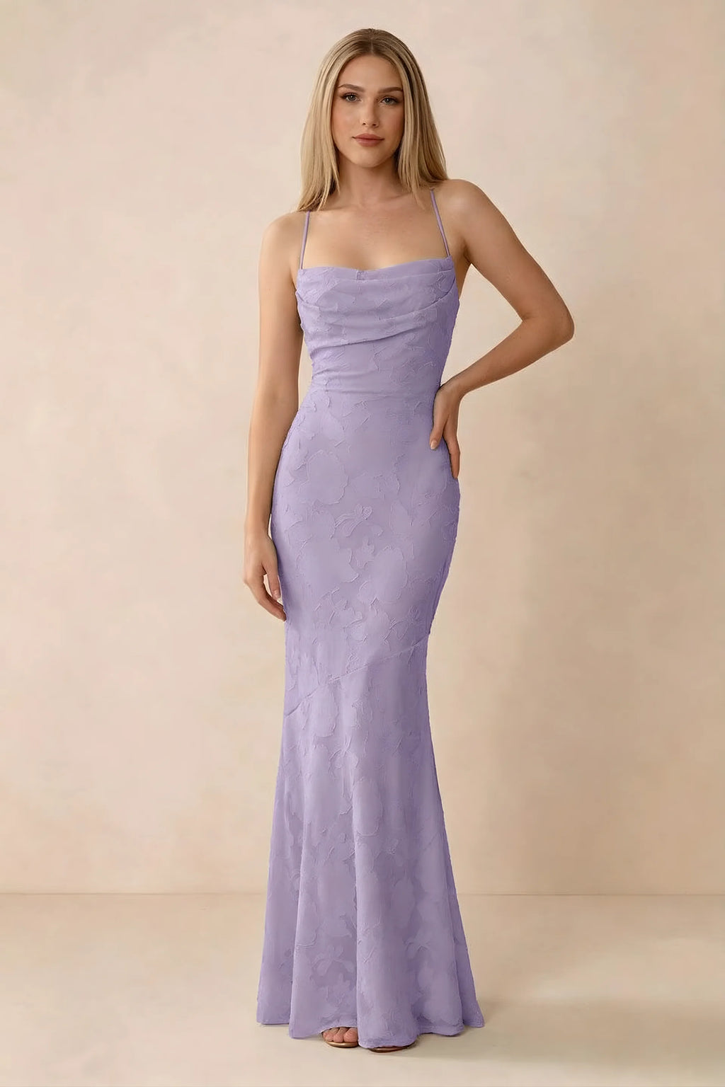 Front studio view of Bess lilac floral burnout maxi dress with a draped cowl neckline and thin straps