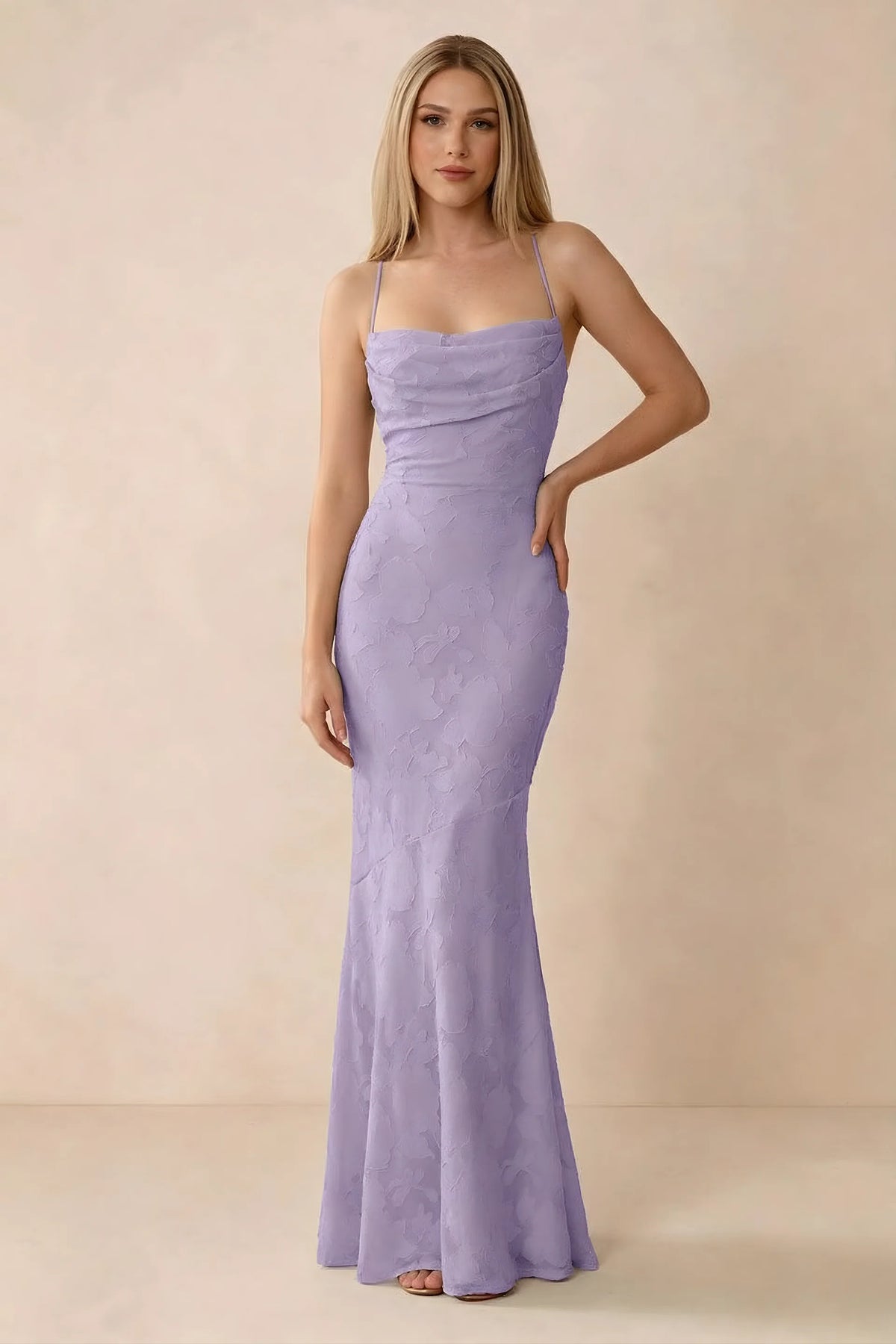 Front studio view of Bess lilac floral burnout maxi dress with a draped cowl neckline and thin straps