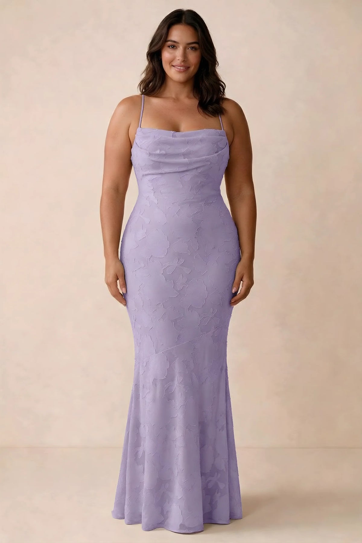 Front studio view of Bess lilac maxi dress showing tonal floral texture and a long skirt