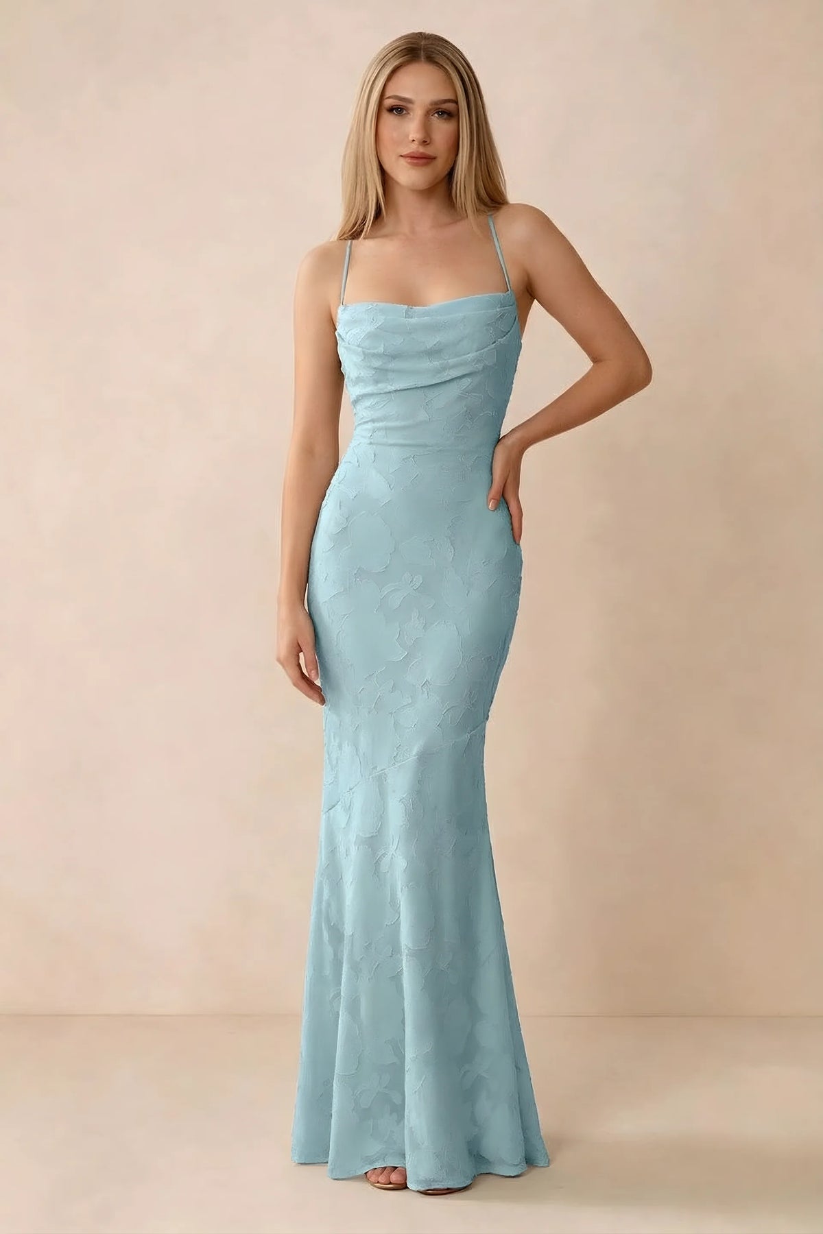Front studio view of Bess mist floral burnout maxi dress with a draped cowl neckline and thin straps