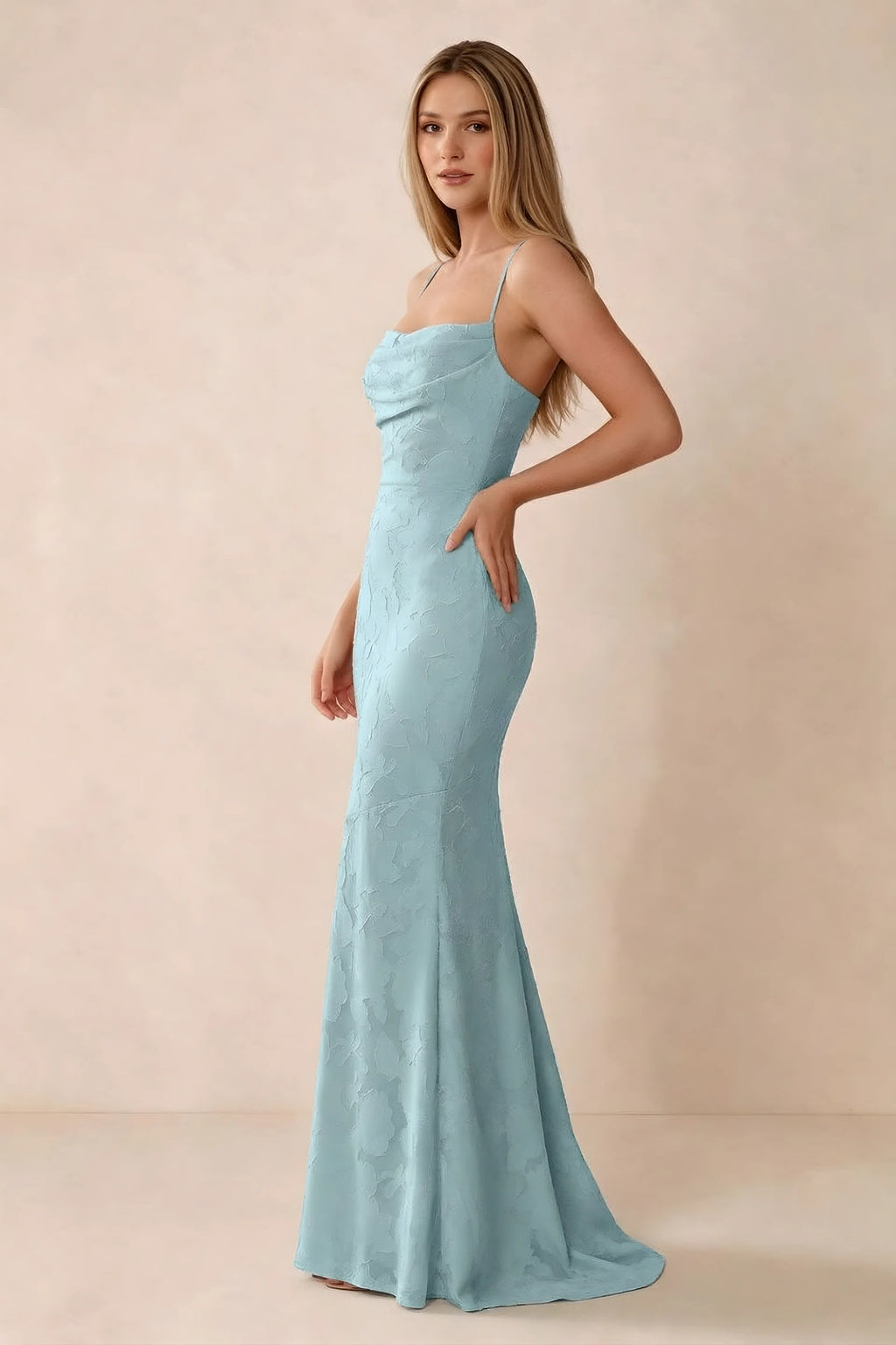 Three-quarter studio view of Bess mist dress showing the close-fitting waist and gently flared hem