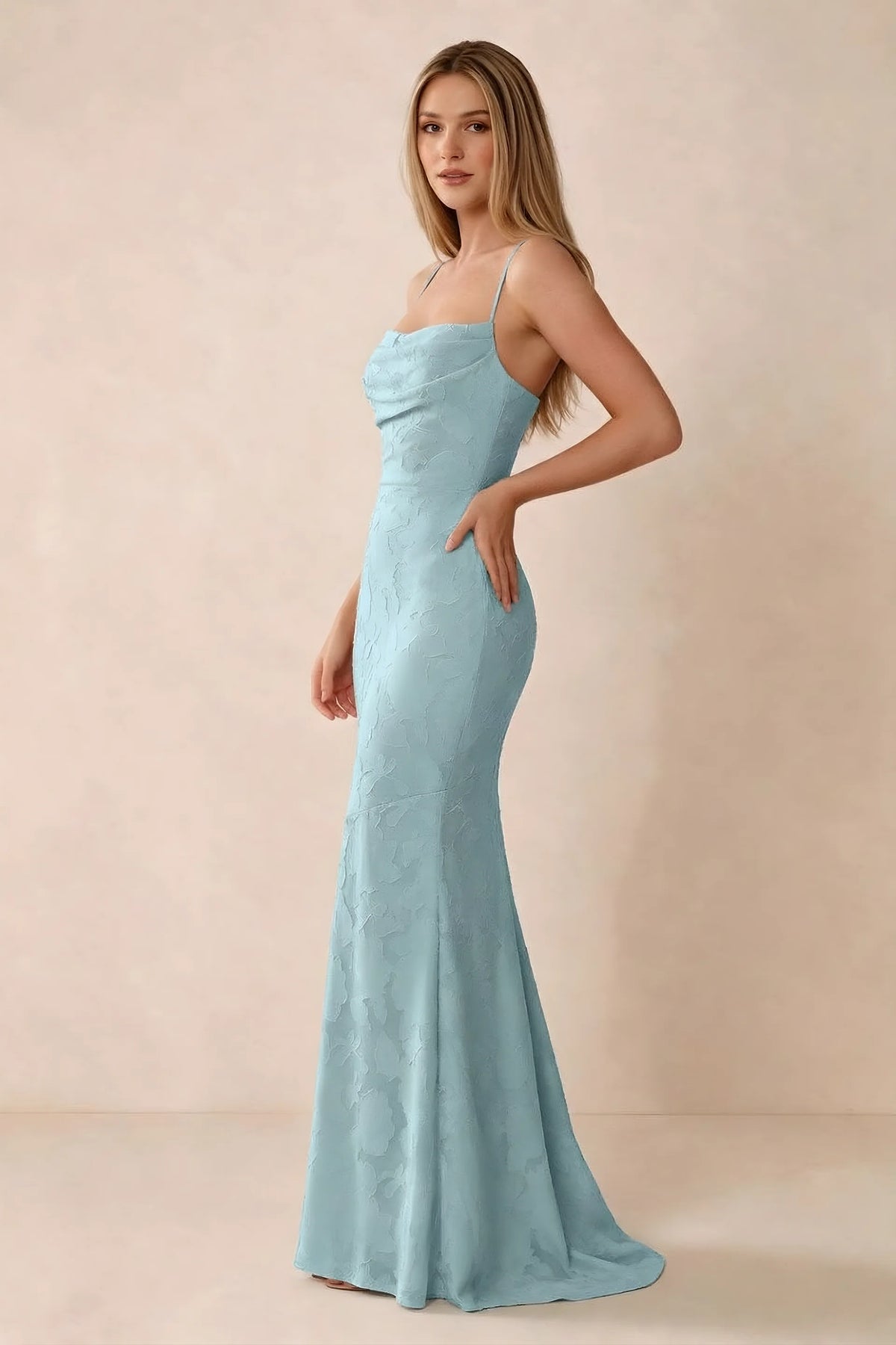 Three-quarter studio view of Bess mist dress showing the close-fitting waist and gently flared hem