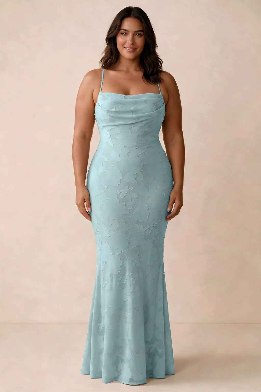 Front studio view of Bess mist maxi dress showing tonal floral texture and a long skirt