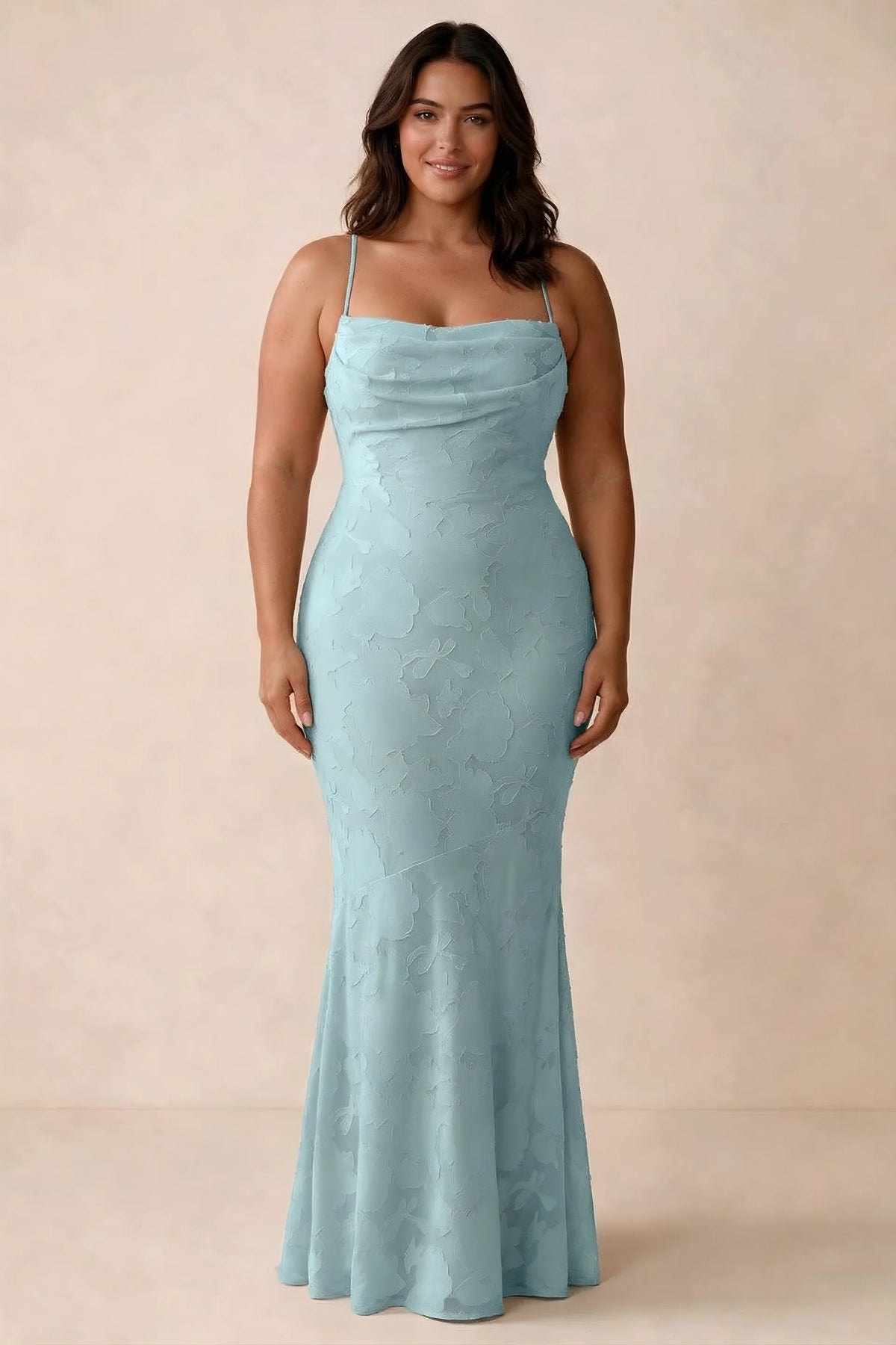 Front studio view of Bess mist maxi dress showing tonal floral texture and a long skirt