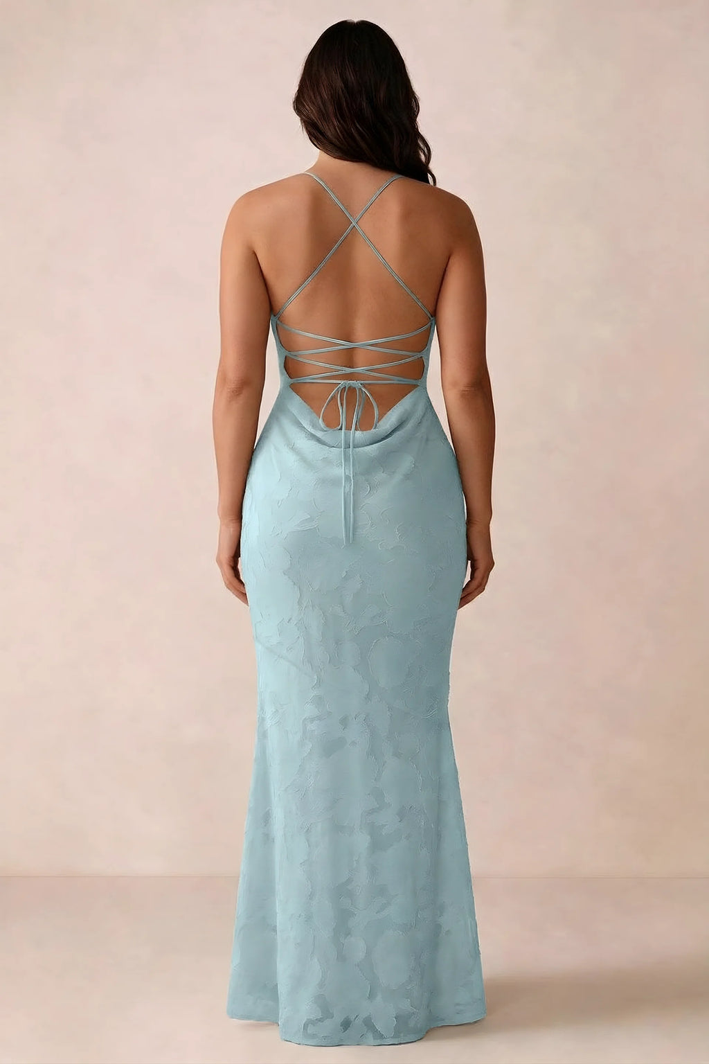 Back studio view of Bess mist dress showing the crossed straps and full-length silhouette