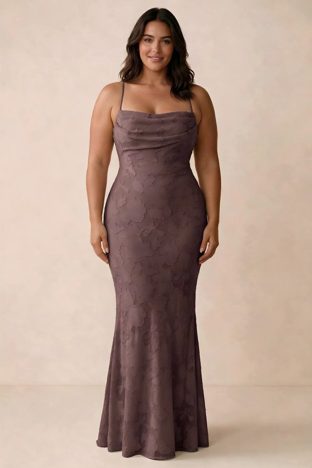 Front studio view of Bess mocha maxi dress showing tonal floral texture and a long skirt