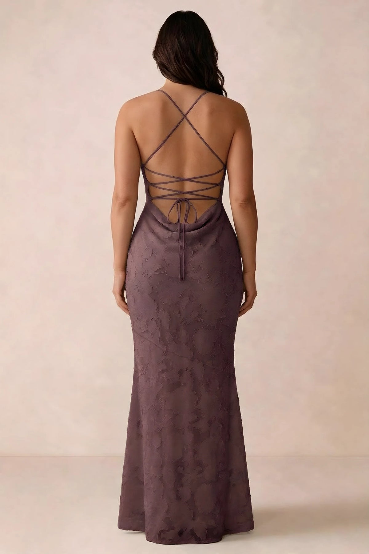 Back studio view of Bess mocha dress showing the crossed straps and full-length silhouette