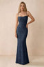 Front studio view of Bess navy floral burnout maxi dress with a draped cowl neckline and thin straps