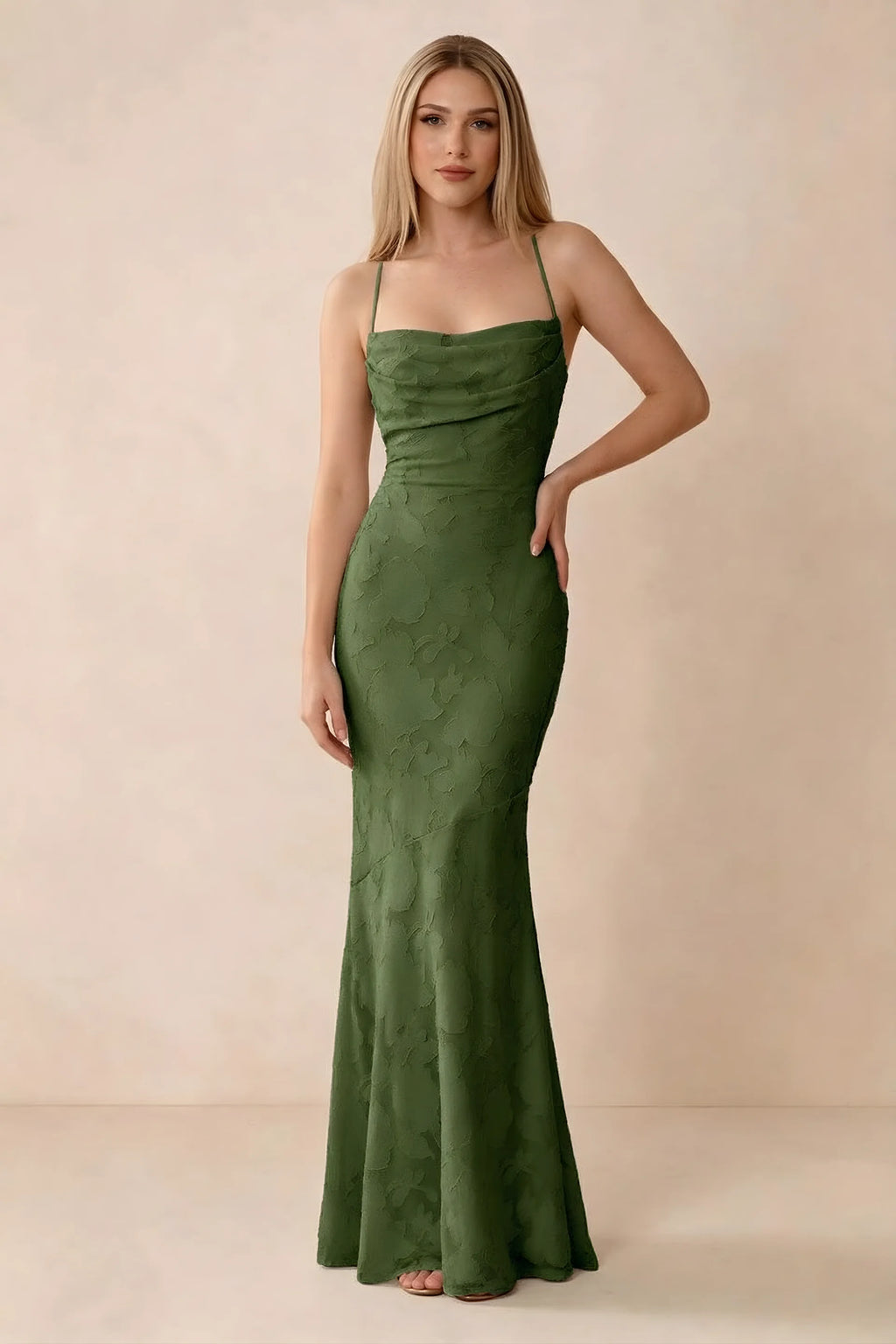 Front studio view of Bess olive floral burnout maxi dress with a draped cowl neckline and thin straps