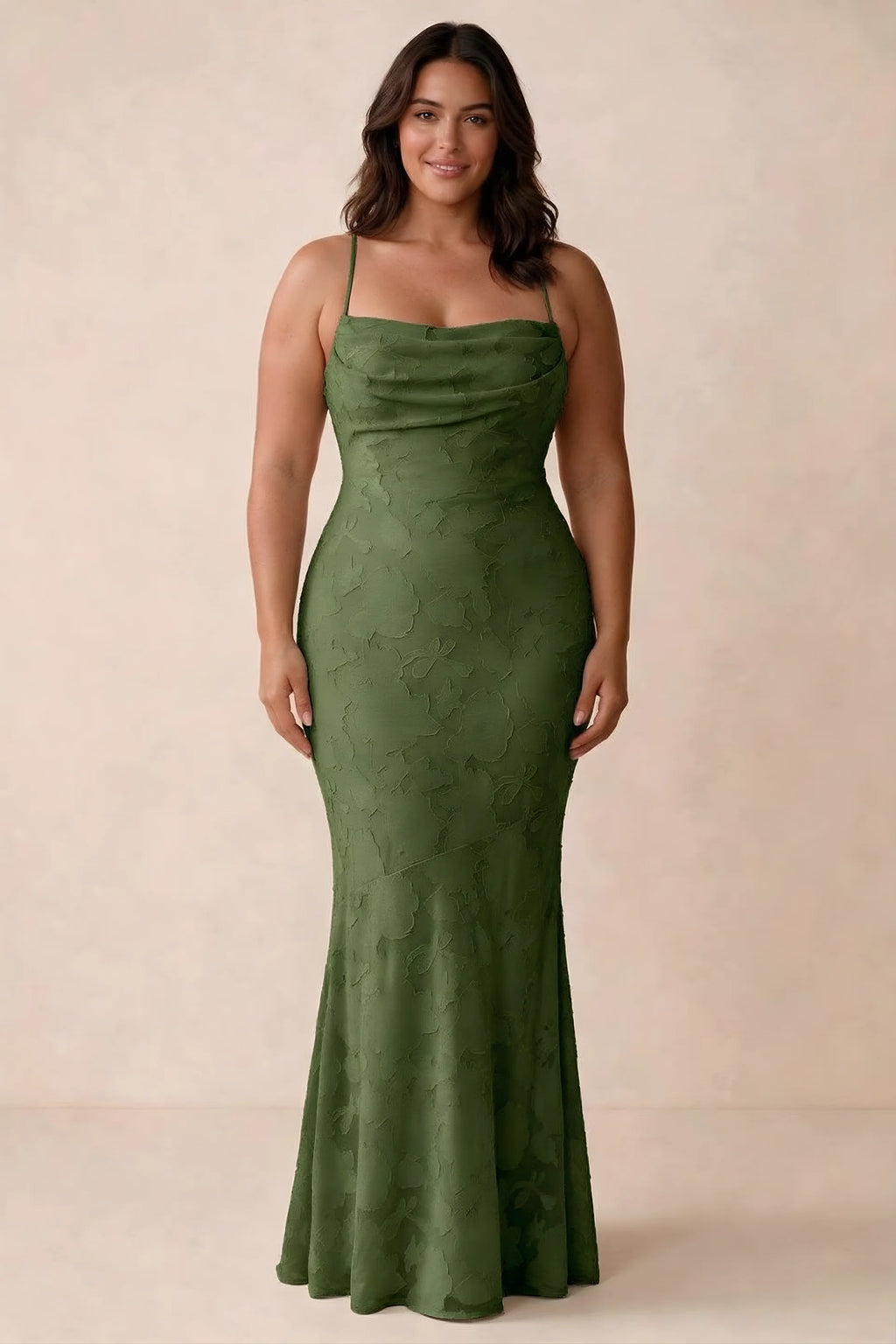 Front studio view of Bess olive maxi dress showing tonal floral texture and a long skirt