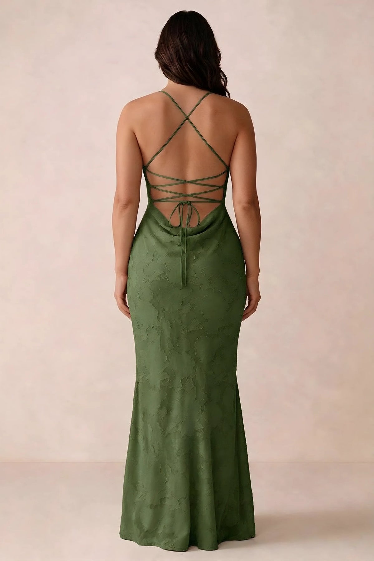 Back studio view of Bess olive dress showing the crossed straps and full-length silhouette
