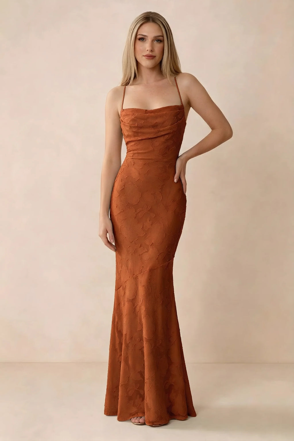 Front studio view of Bess paprika floral burnout maxi dress with a draped cowl neckline and thin straps