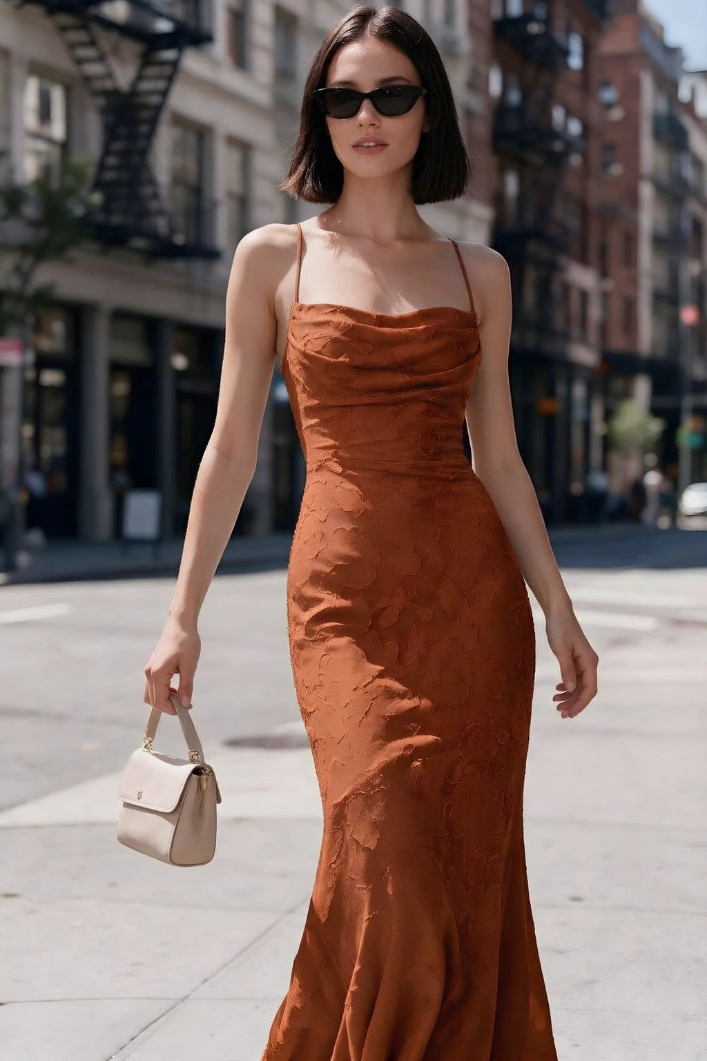Outdoor front view of Bess paprika floral burnout dress styled with sunglasses on a city street