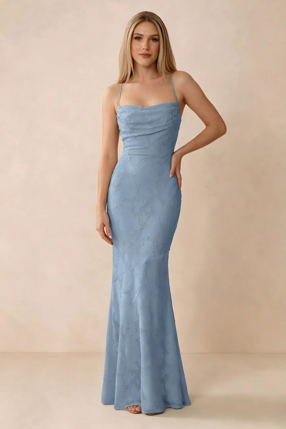 Front studio view of Bess powder blue floral burnout maxi dress with a draped cowl neckline and thin straps