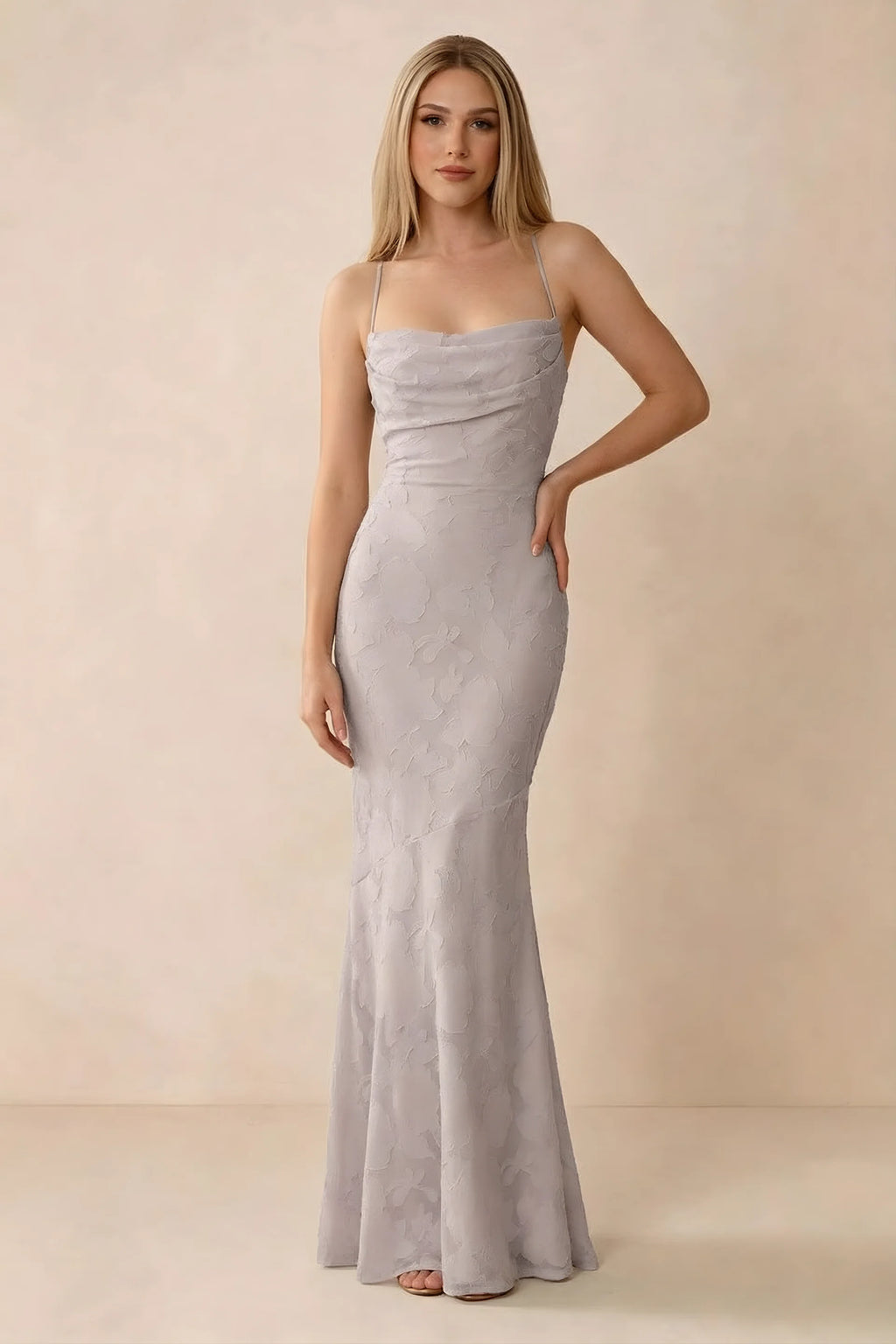 Front studio view of Bess powder pink floral burnout maxi dress with a draped cowl neckline and thin straps