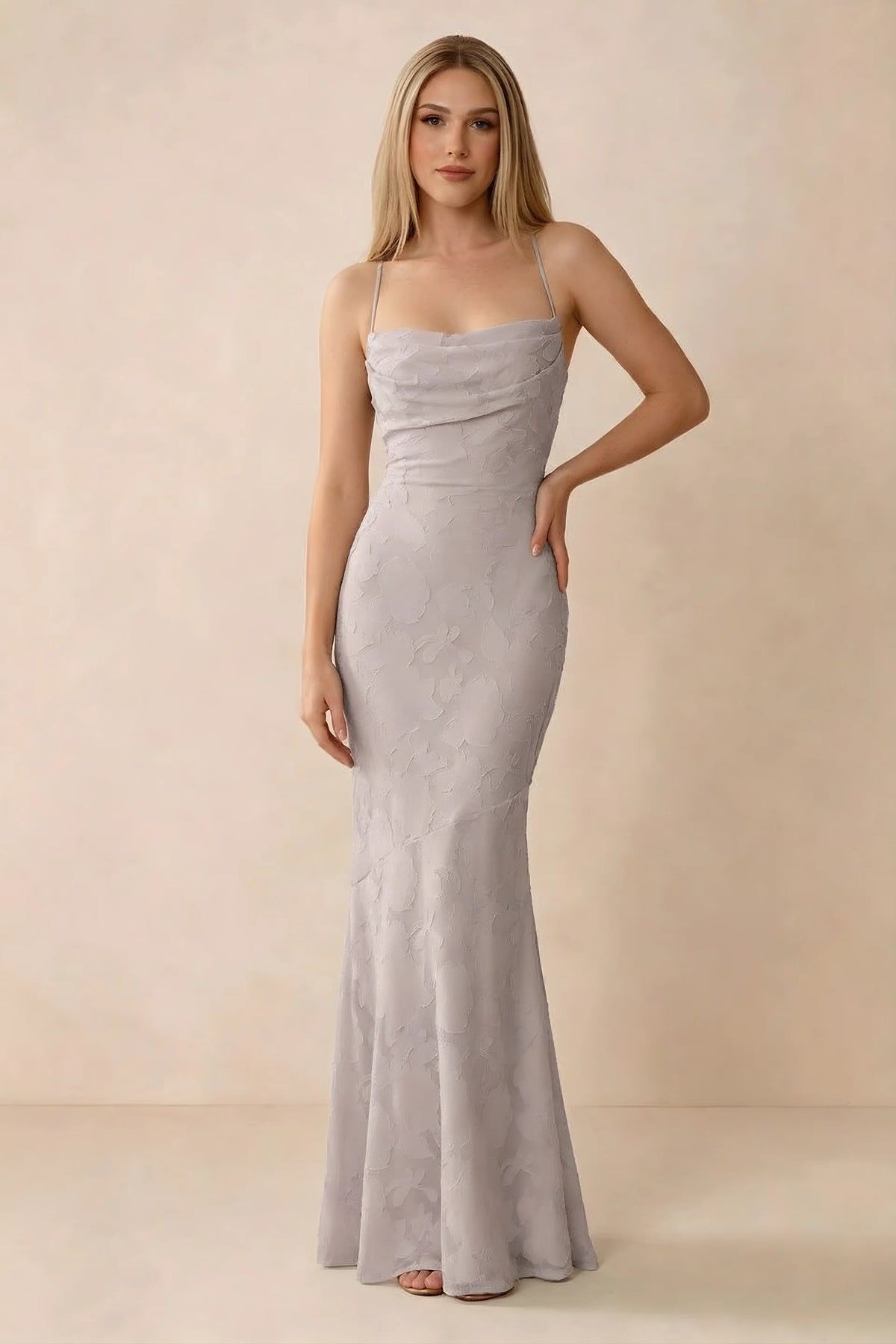 Front studio view of Bess powder pink floral burnout maxi dress with a draped cowl neckline and thin straps