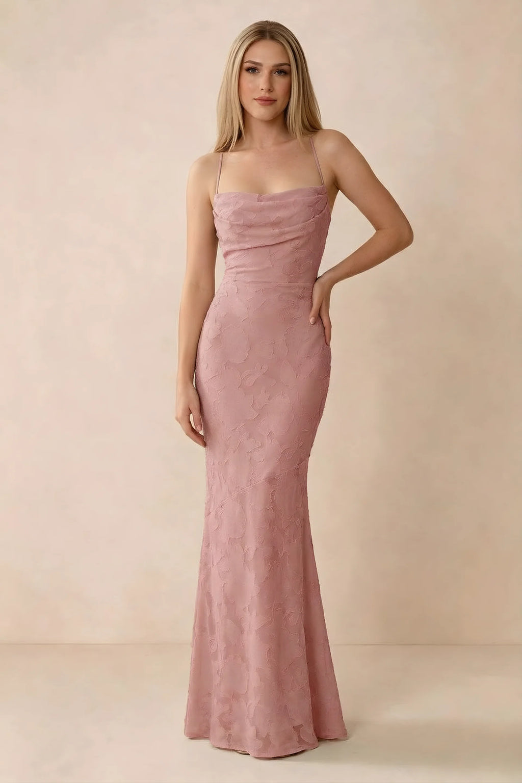 Front studio view of Bess rosette floral burnout maxi dress with a draped cowl neckline and thin straps