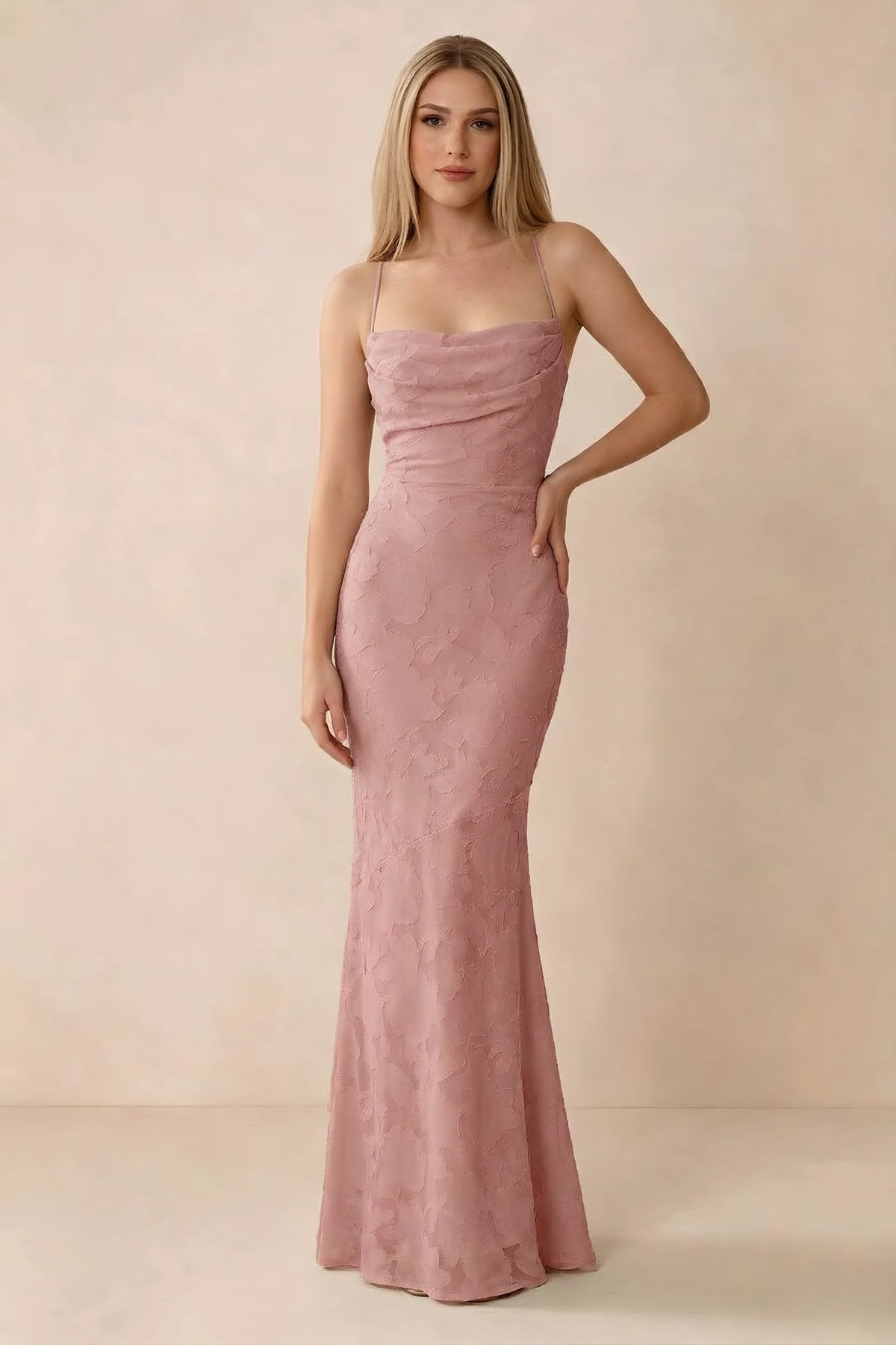 Front studio view of Bess rosette floral burnout maxi dress with a draped cowl neckline and thin straps