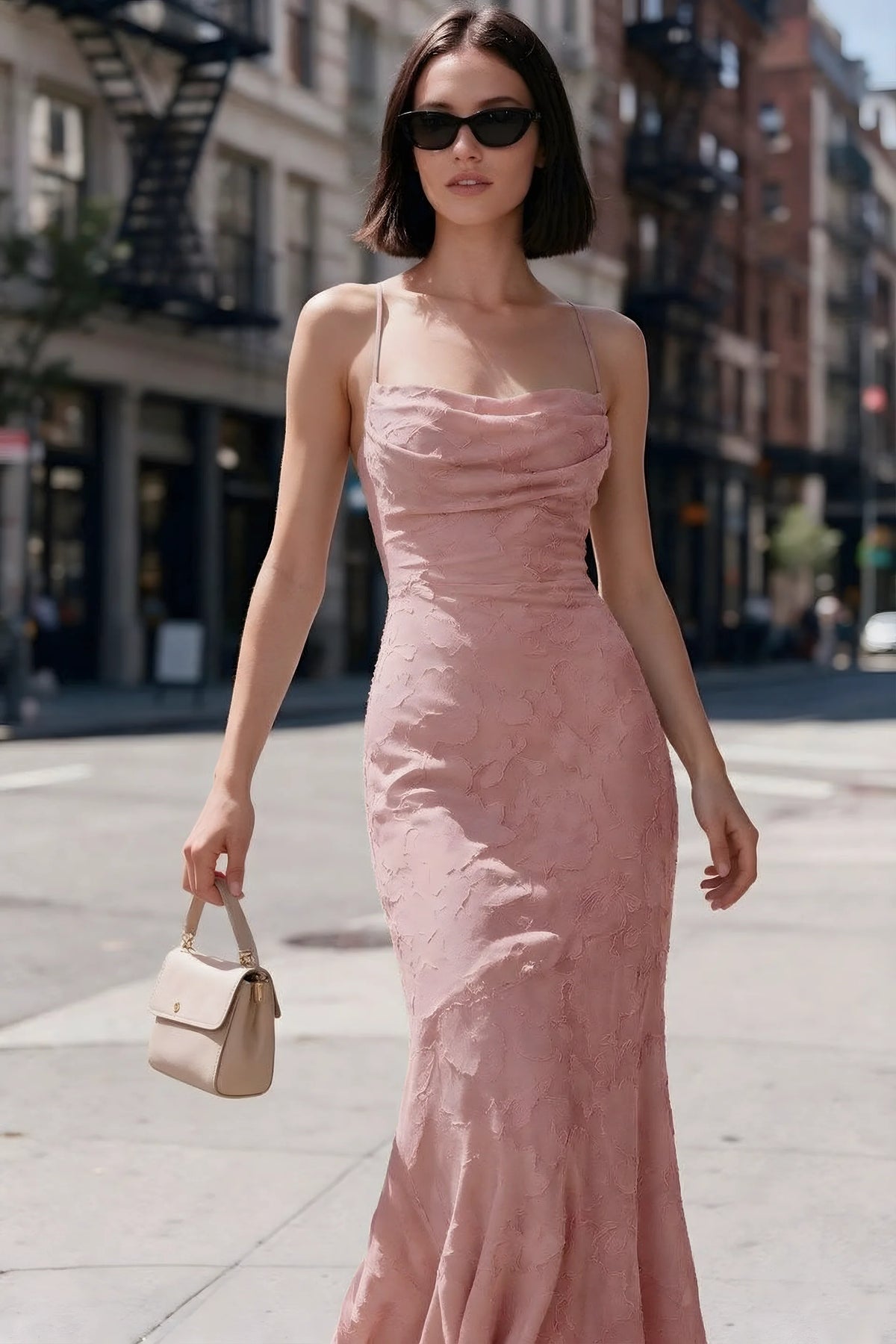 Outdoor front view of Bess rosette floral burnout dress styled with sunglasses on a city street