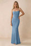 Front studio view of Bess steel blue floral burnout maxi dress with a draped cowl neckline and thin straps