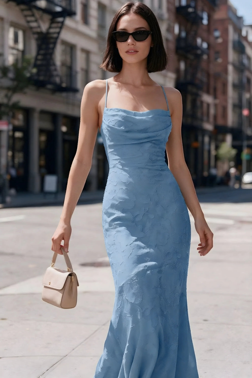 Outdoor front view of Bess steel blue floral burnout dress styled with sunglasses on a city street