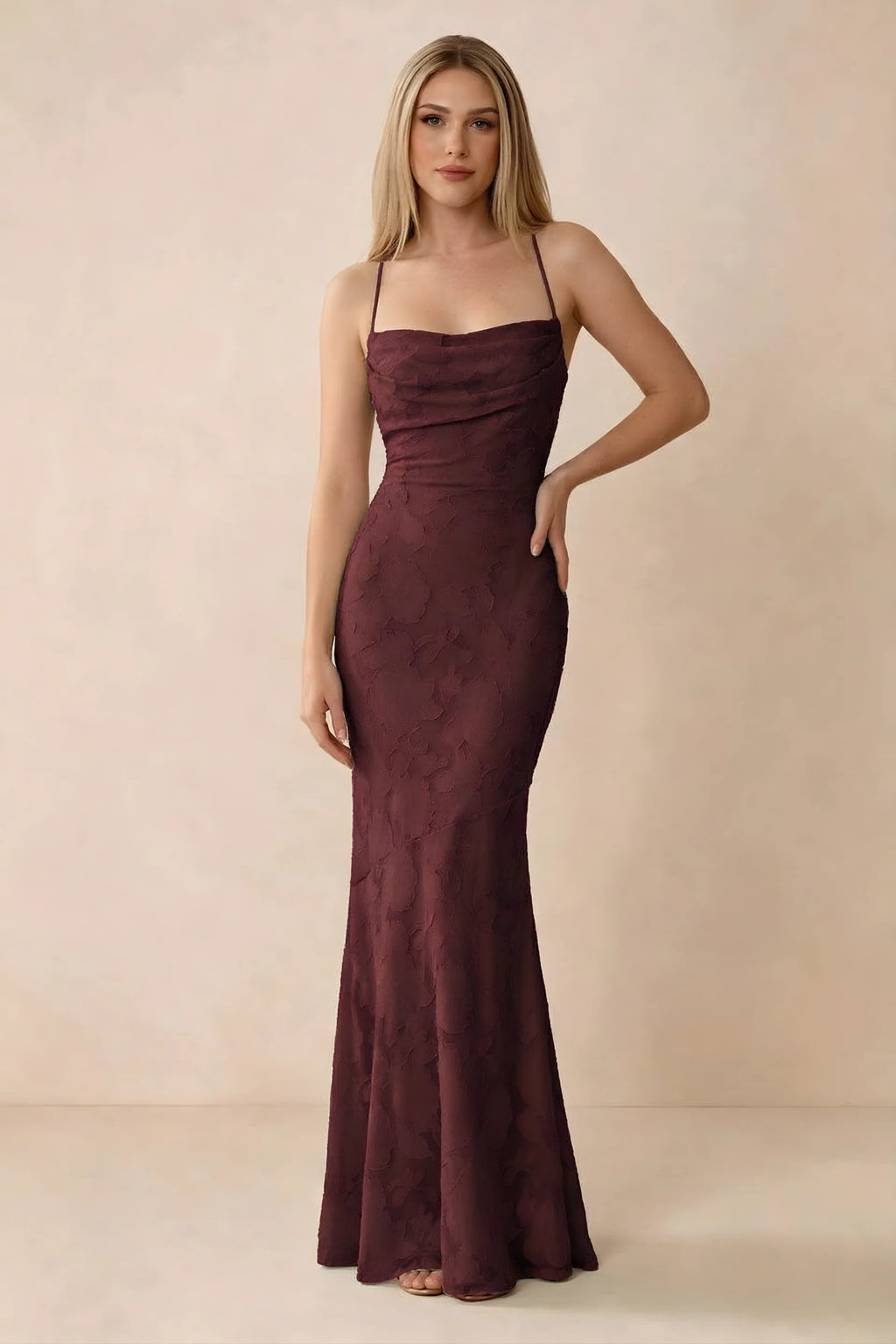 Front studio view of Bess wine floral burnout maxi dress with a draped cowl neckline and thin straps
