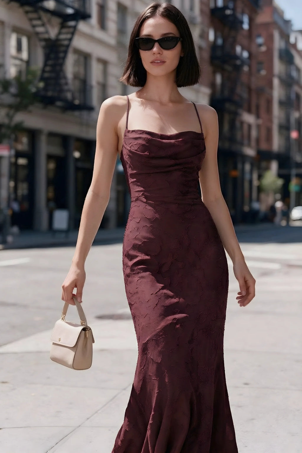 Outdoor front view of Bess wine floral burnout dress styled with sunglasses on a city street