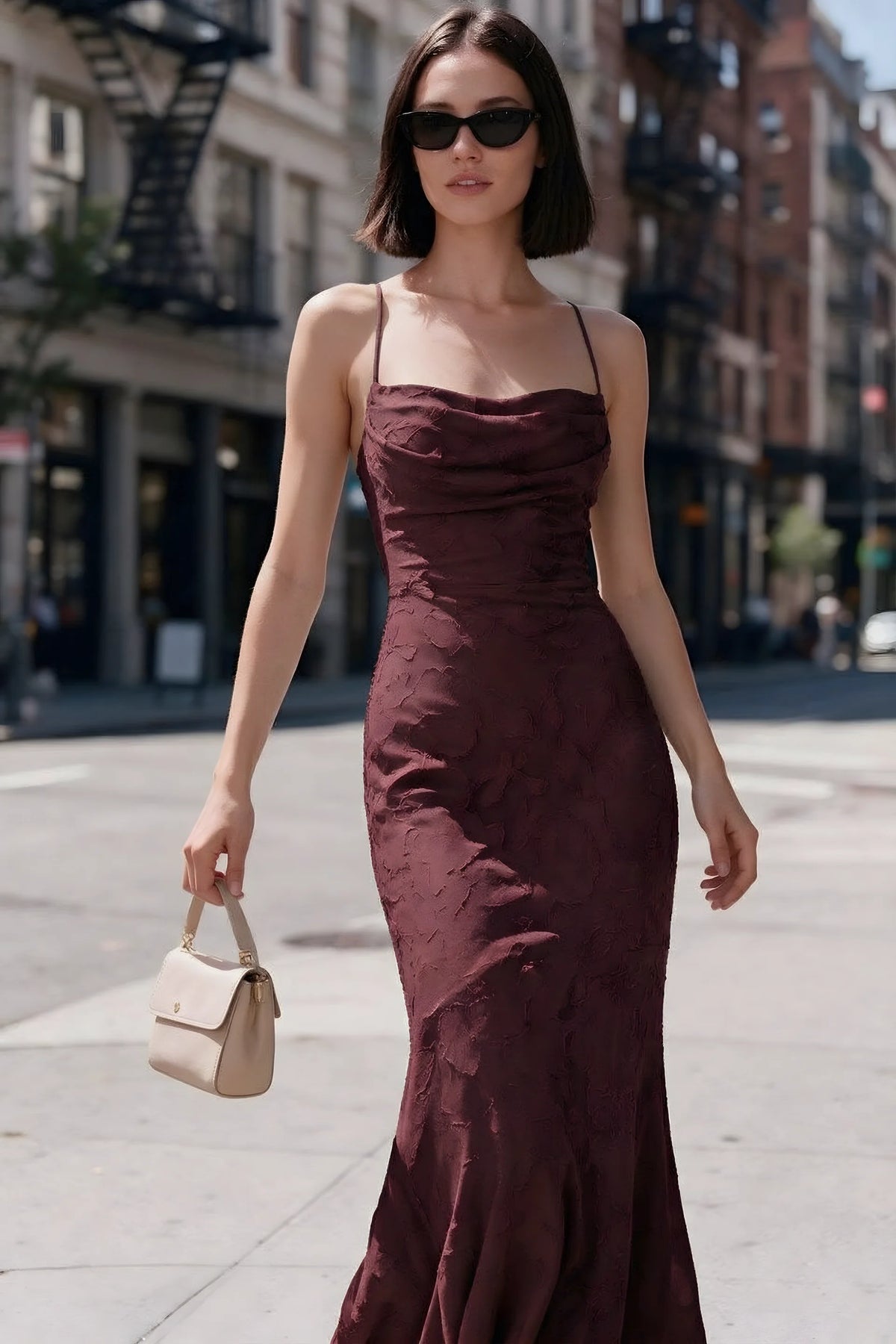 Outdoor front view of Bess wine floral burnout dress styled with sunglasses on a city street