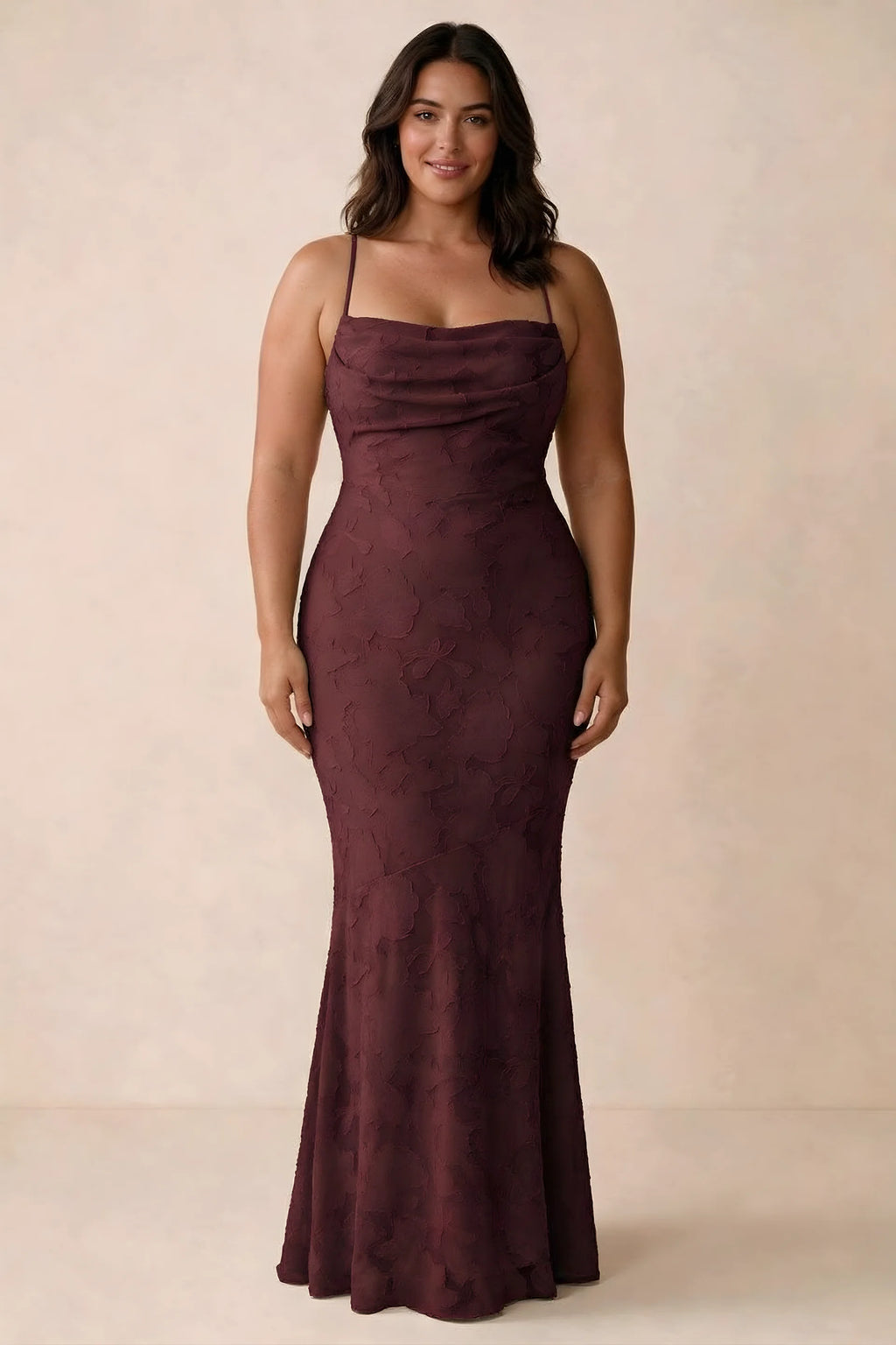 Front studio view of Bess wine maxi dress showing tonal floral texture and a long skirt