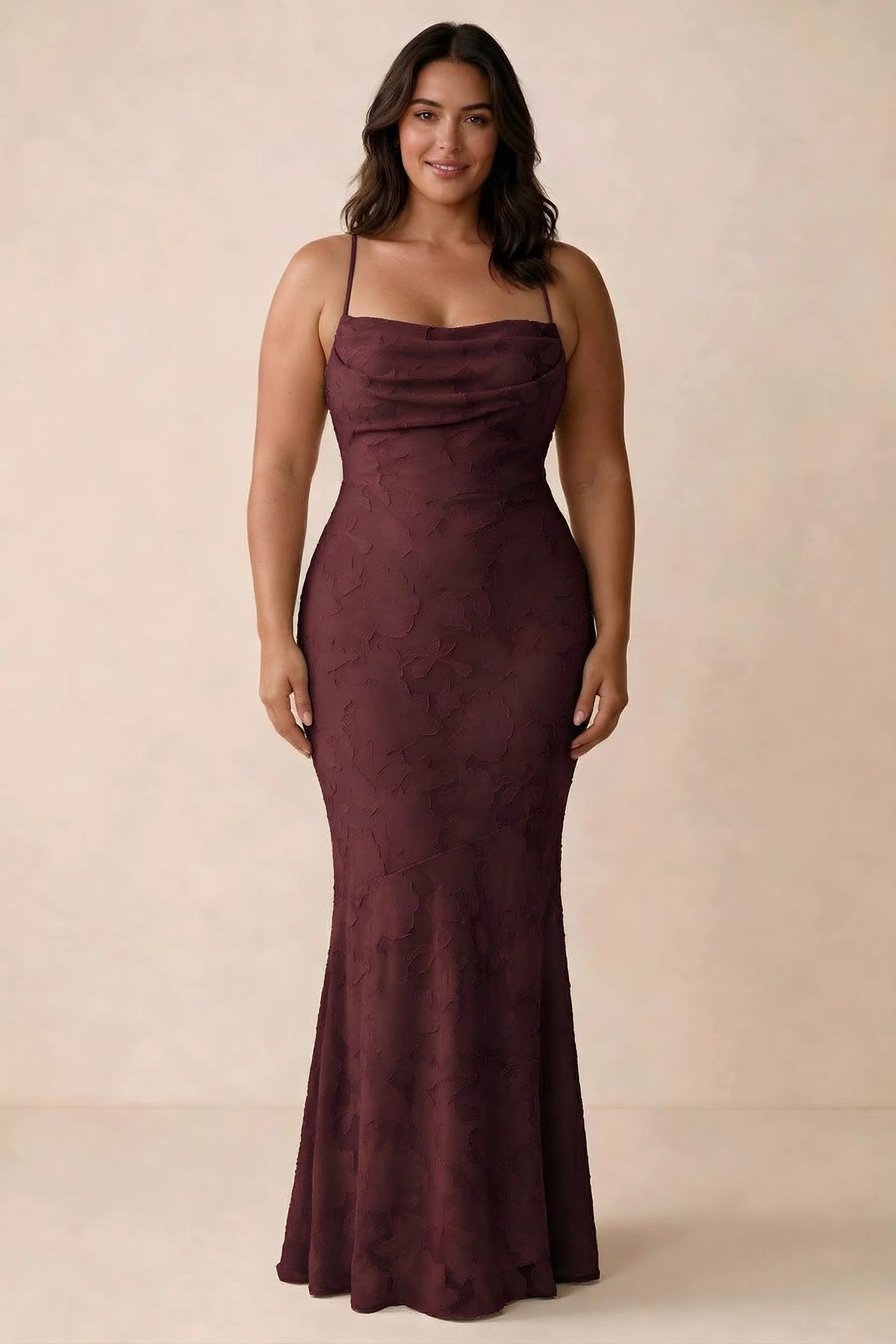 Front studio view of Bess wine maxi dress showing tonal floral texture and a long skirt