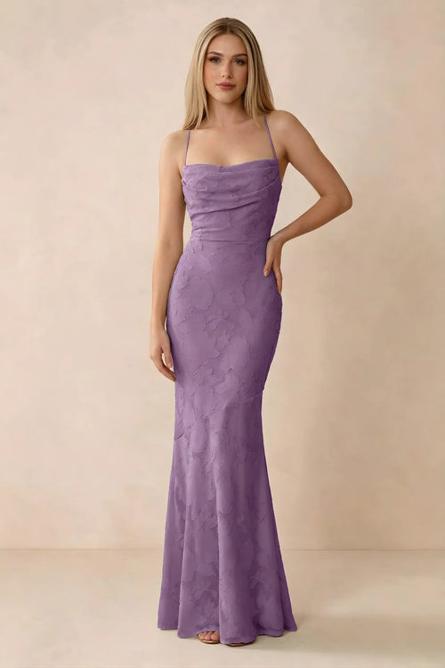 Front studio view of Bess wisteria floral burnout maxi dress with a draped cowl neckline and thin straps