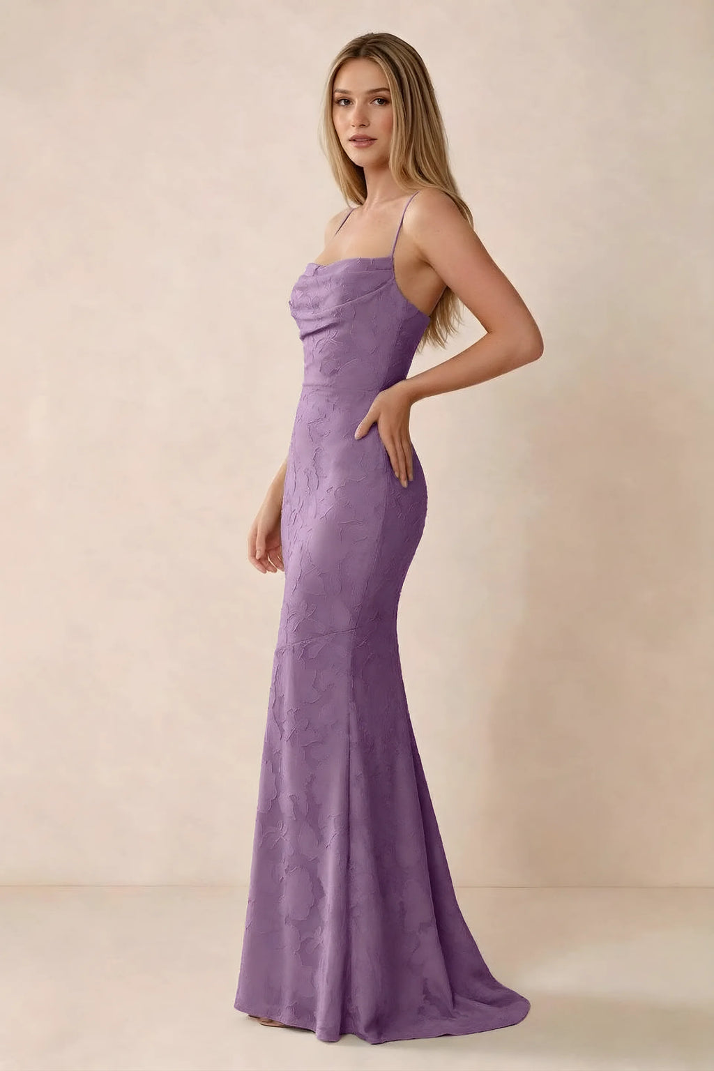Three-quarter studio view of Bess wisteria dress showing the close-fitting waist and gently flared hem