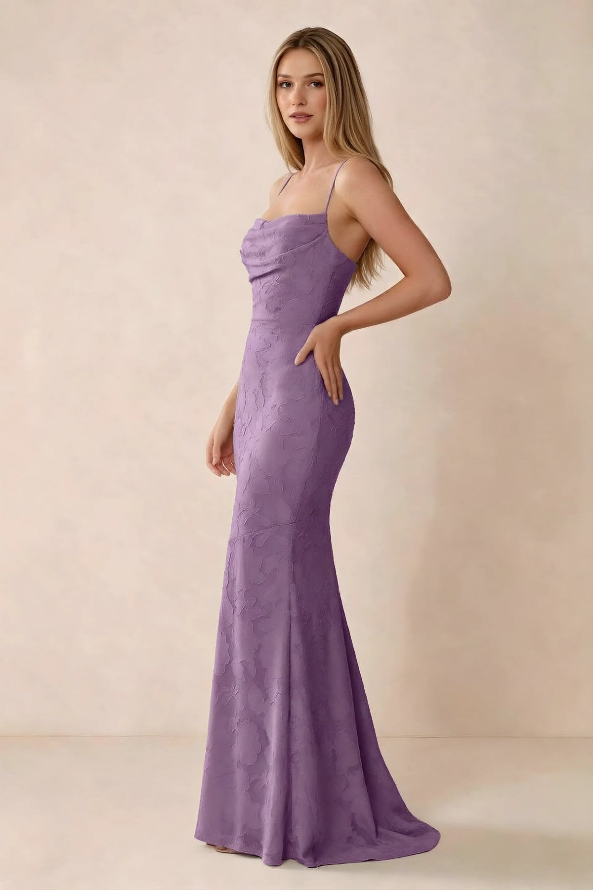 Three-quarter studio view of Bess wisteria dress showing the close-fitting waist and gently flared hem