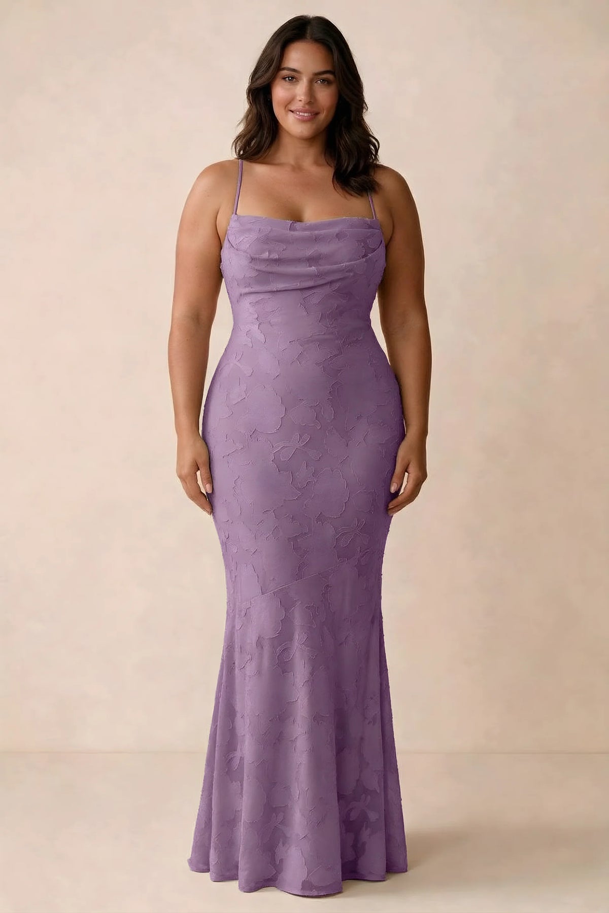 Front studio view of Bess wisteria maxi dress showing tonal floral texture and a long skirt
