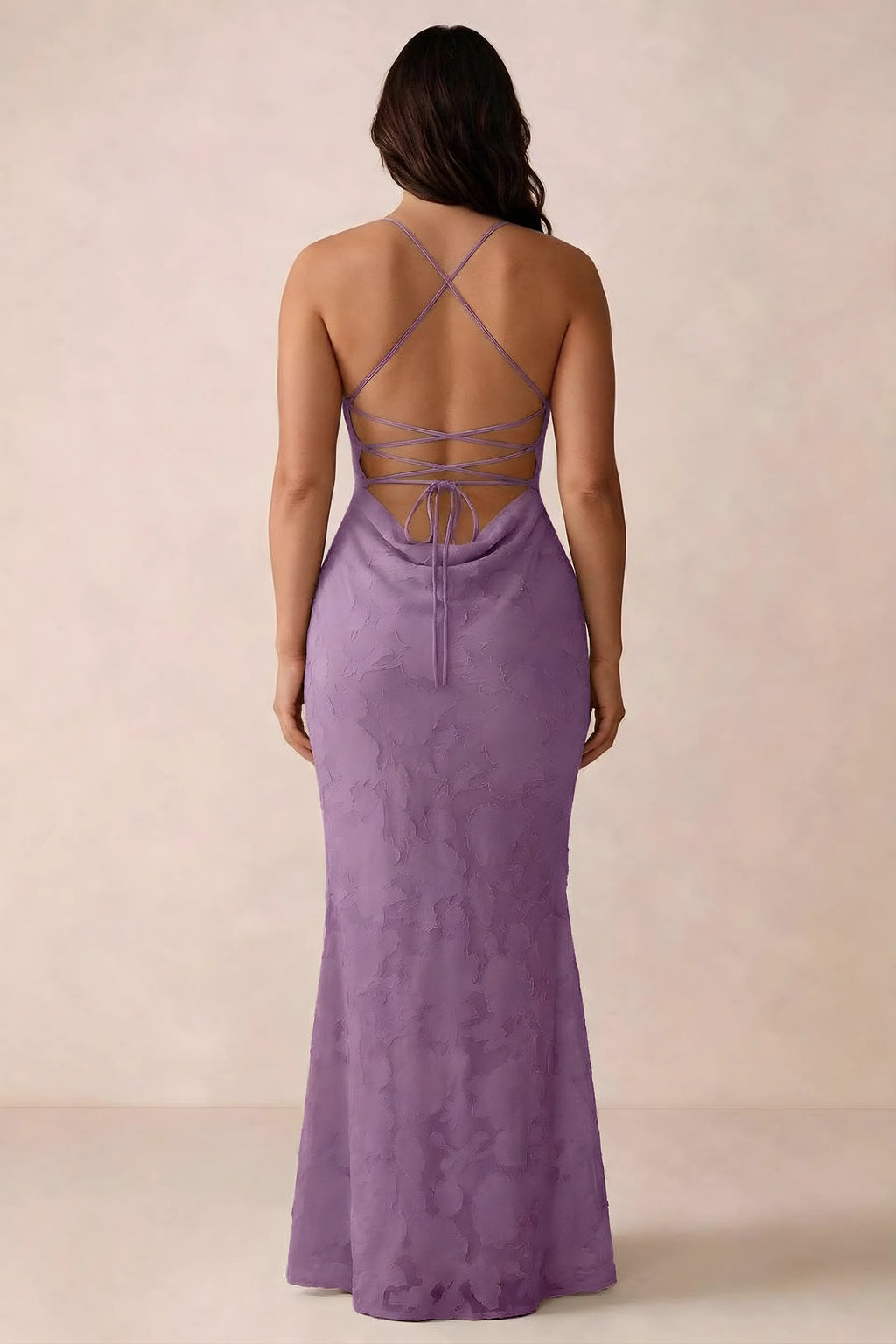 Back studio view of Bess wisteria dress showing the crossed straps and full-length silhouette